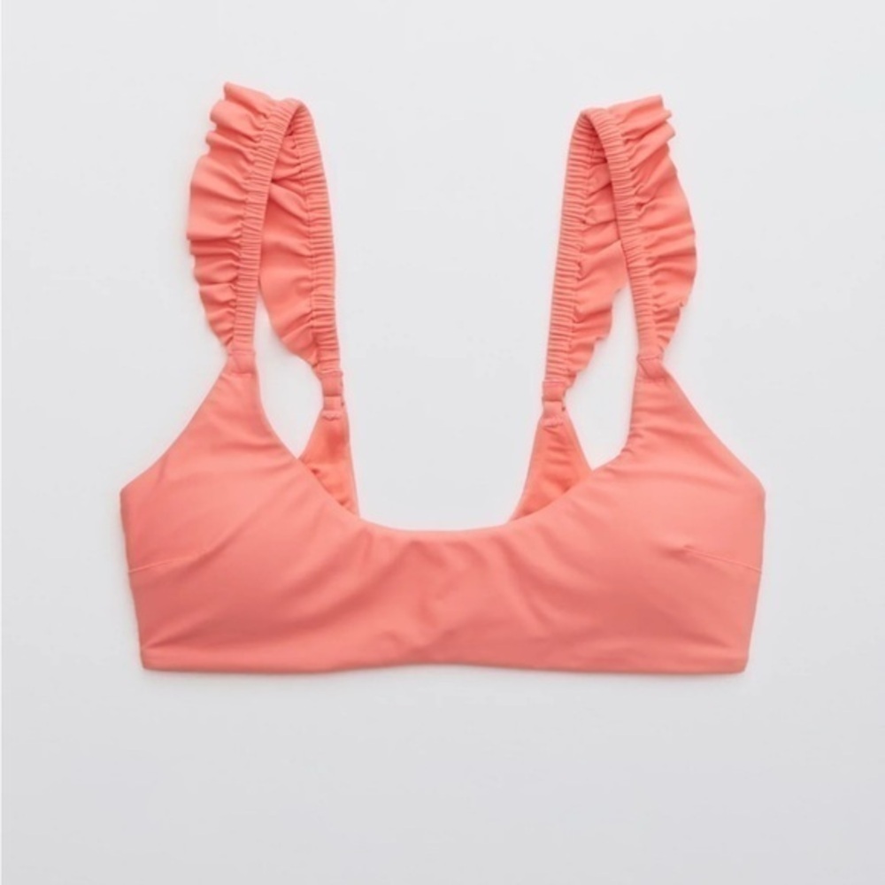 Aerie Ruffle Scoop Bikini Top Strawberry Pink NWT L